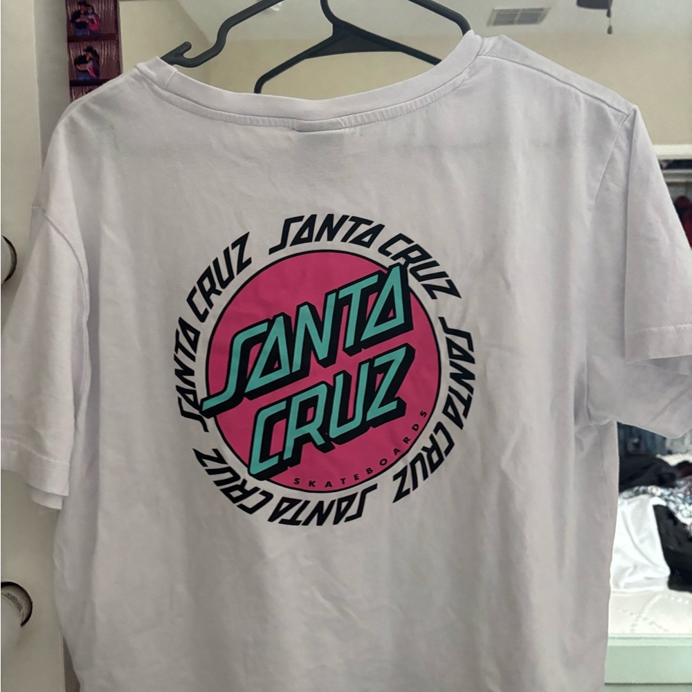 Santa Cruz White T-Shirt with Pink and Green Logo